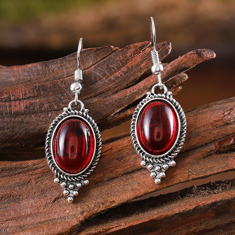 Retro Exquisite Embossed Inlaid Ruby Oval Earrings