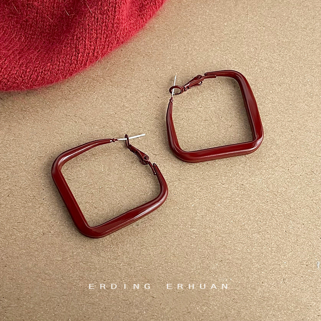 Style Retro Red Paint Texture Square Geometric Earrings