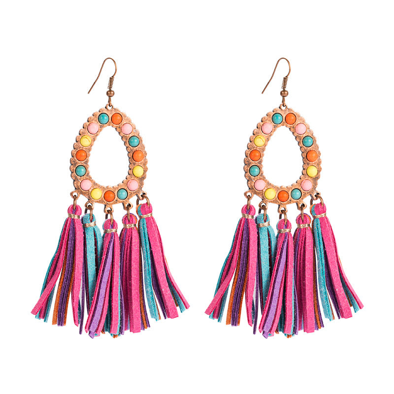 Alloy Inlaid Turquoise Exaggerated Leather Tassel Earrings