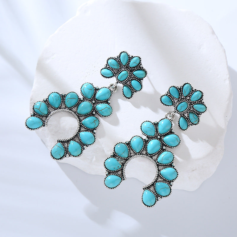 Exaggerated Personality Retro Fan-shaped Turquoise Hollow Rings