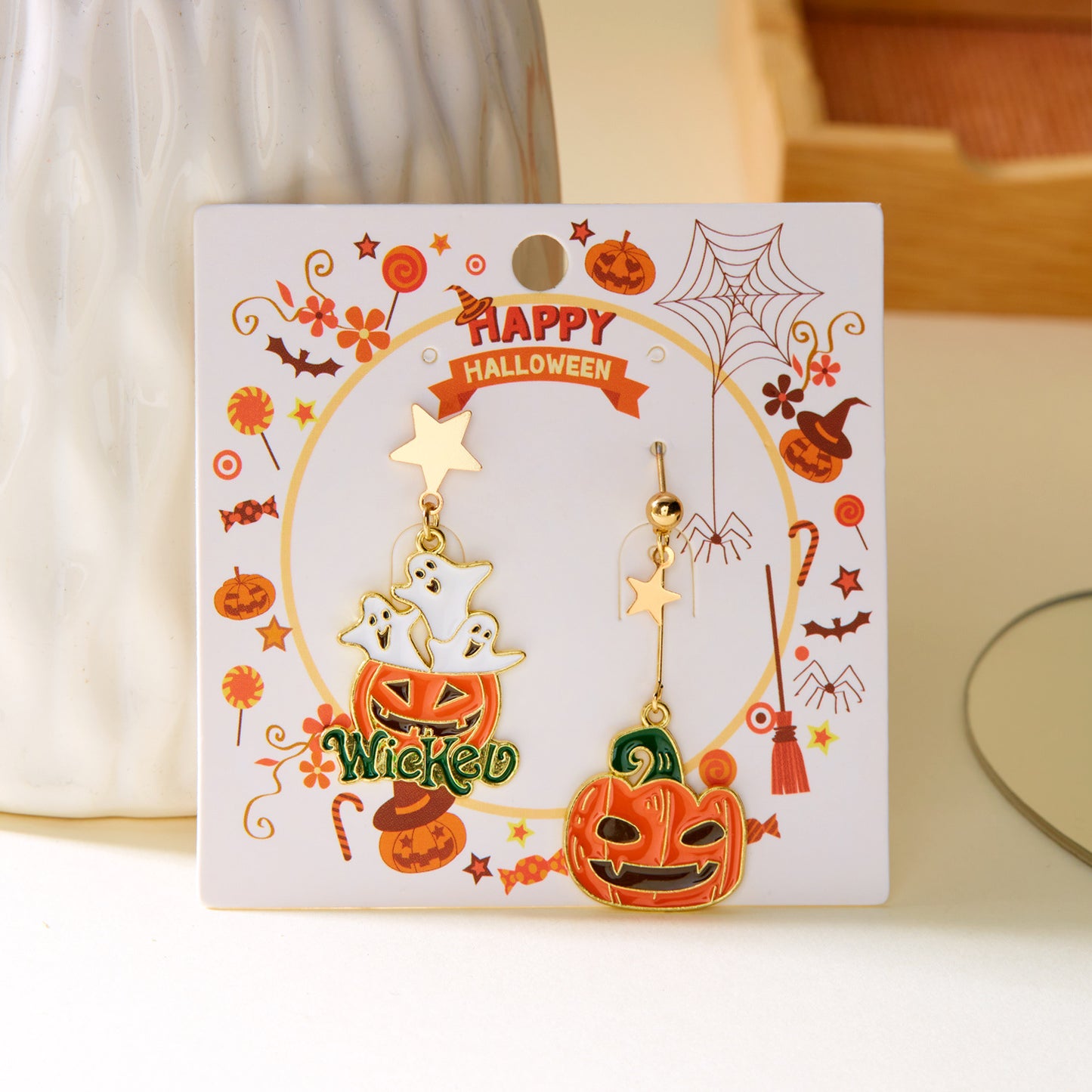 Halloween Creative Personality Asymmetric Pumpkin Ghost Earrings