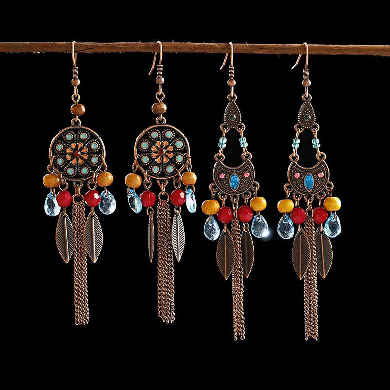 Leaf Tassel Ear Hook Ethnic Style Face Slimming Earrings