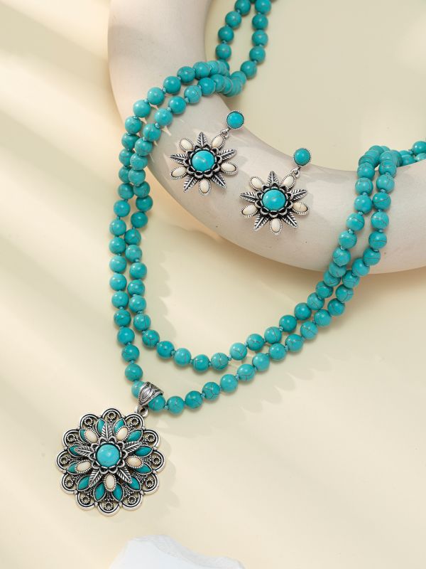 Retro Flower Turquoise Western Style Exaggerated Buddha Rings