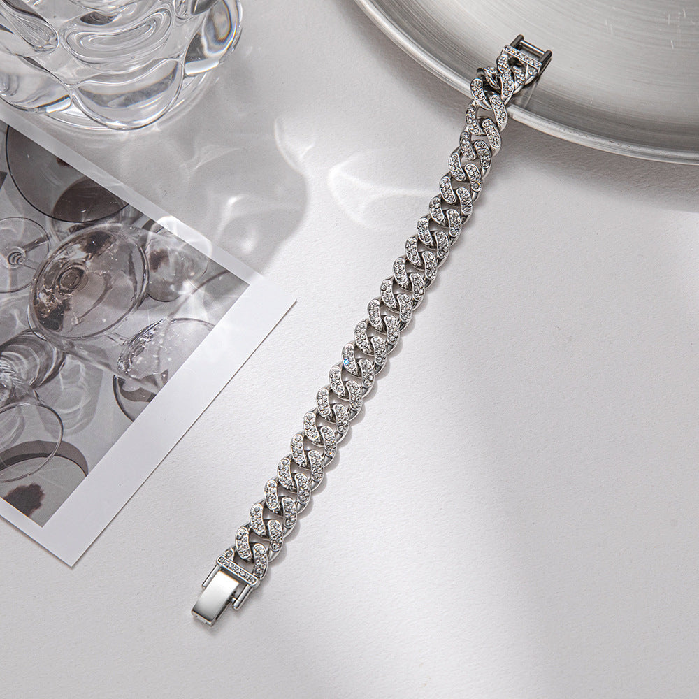 Women's & Men's Full Diamond Cuban Design Couple Titanium Steel Bracelets