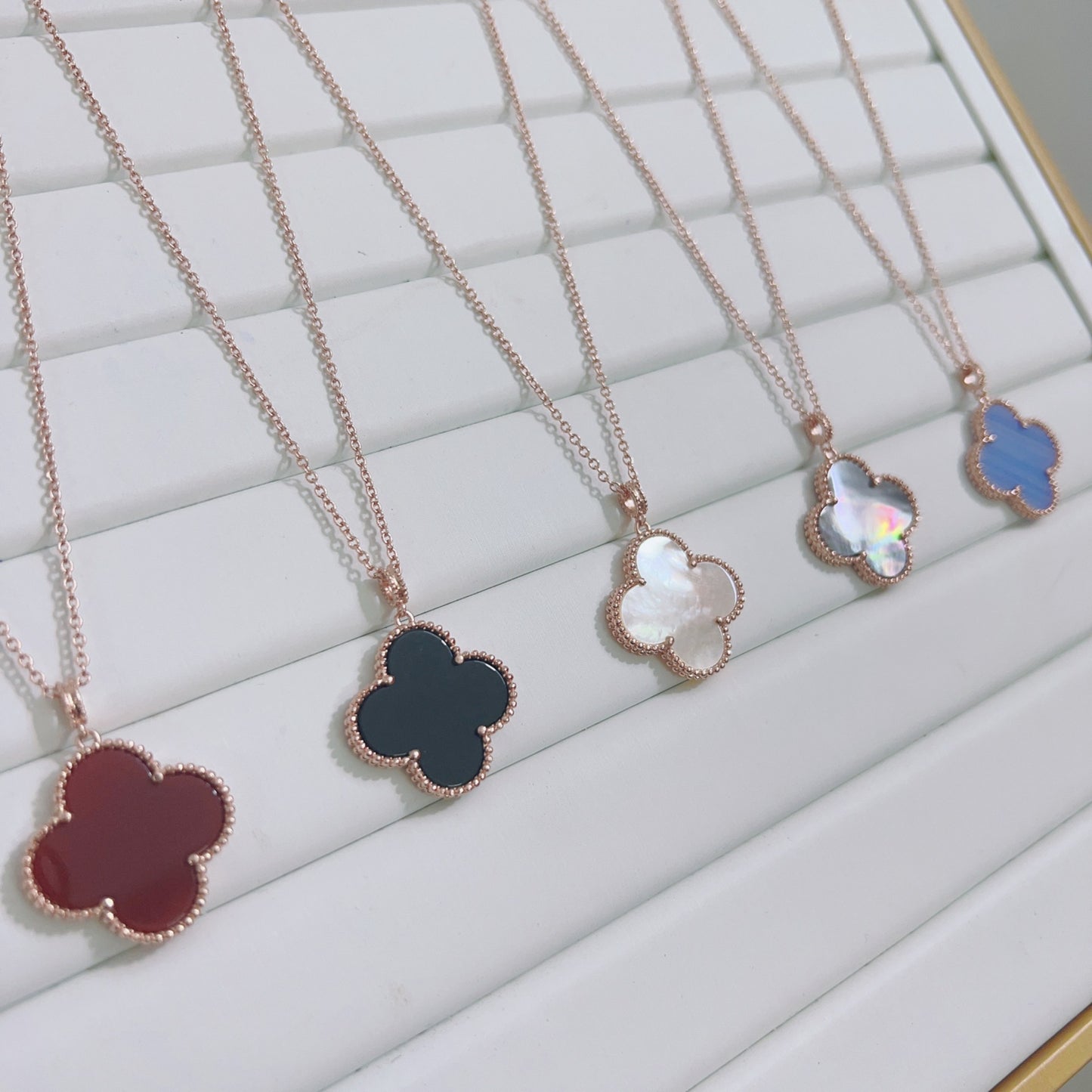 Gold Plated V Thick Large Clover Red Agate White Shell Necklace