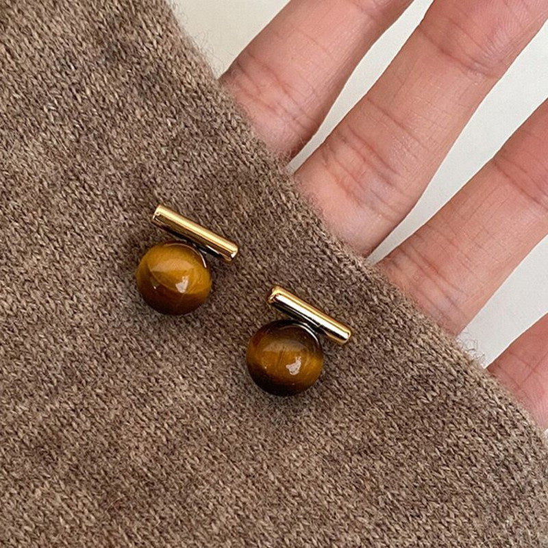 Tigereye Sier Needle Double Ball Texture Earrings