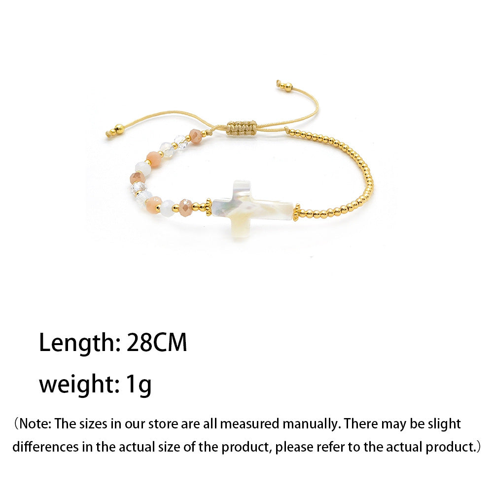 Women's Wind Simple Crystal Handmade Beaded Natural Shell Cross Woven Bracelet