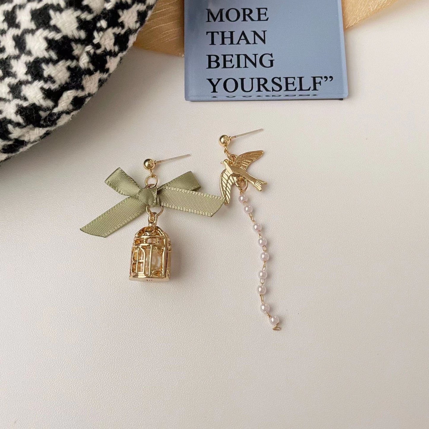 Asymmetric Eardrops Long Fringe Bow Pearl Earrings