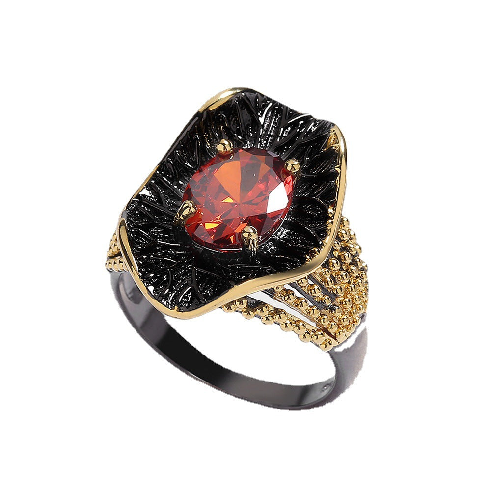 Irregular Black Gold Red Zircon Bohemian Ring