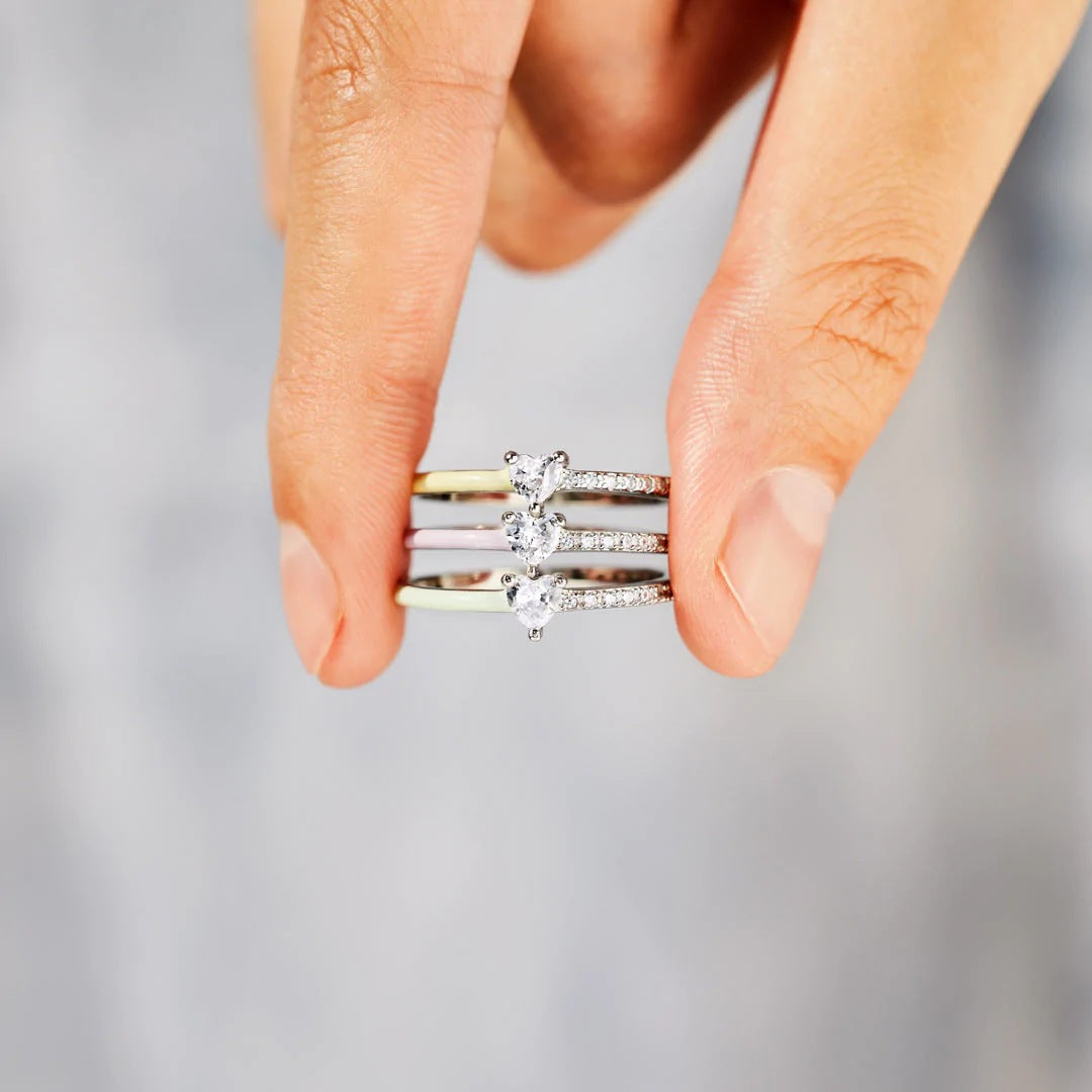 Women's Sier Heart-shaped Rectangular Zircon Cut Half Enamel Rings