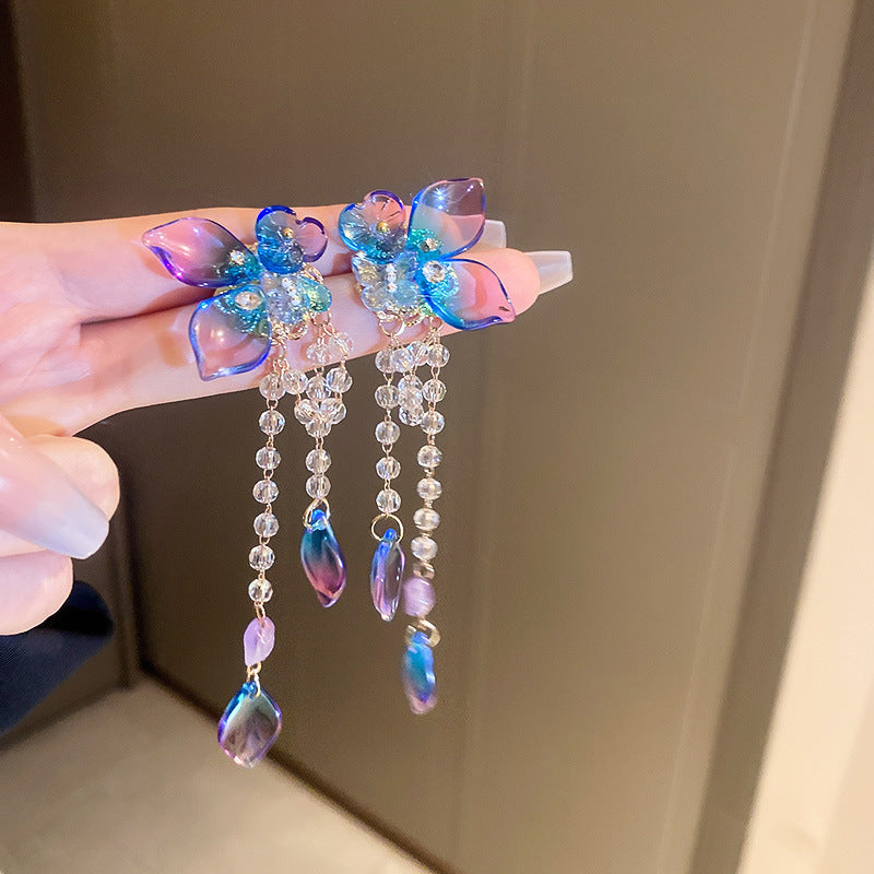 Women's Sier Butterfly Tassel Sweet Flowers Long Rings