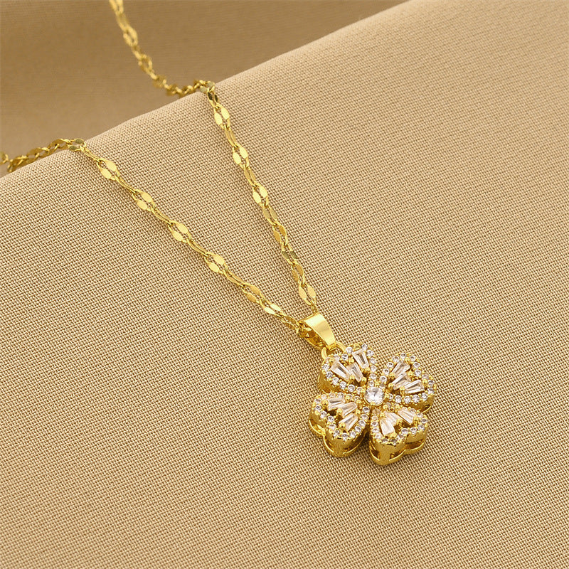 Good Luck Comes Four-leaf Clover Micro Rhinestone Titanium Steel Necklaces
