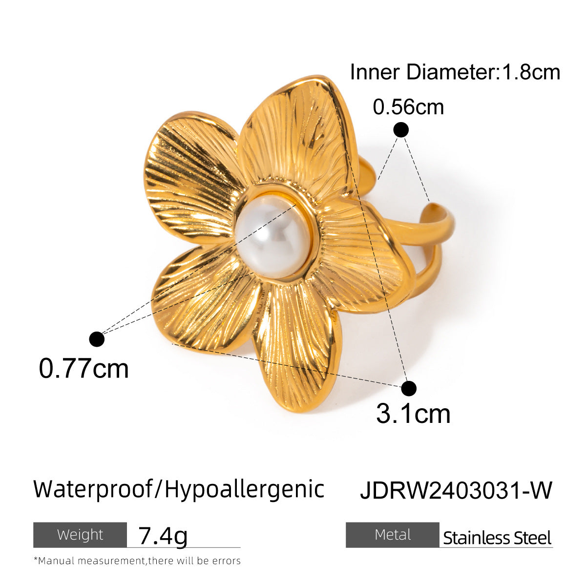 Ding Stainless Steel Flower Pearl Exaggerated Rings