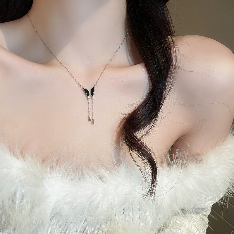 Cabbage Black Tassel Butterfly Sweater Light Luxury Minority Clavicle Chain Necklace