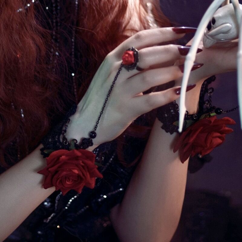 Punk Hand Jewelry Fashion Burgundy Flower Lace Bracelets