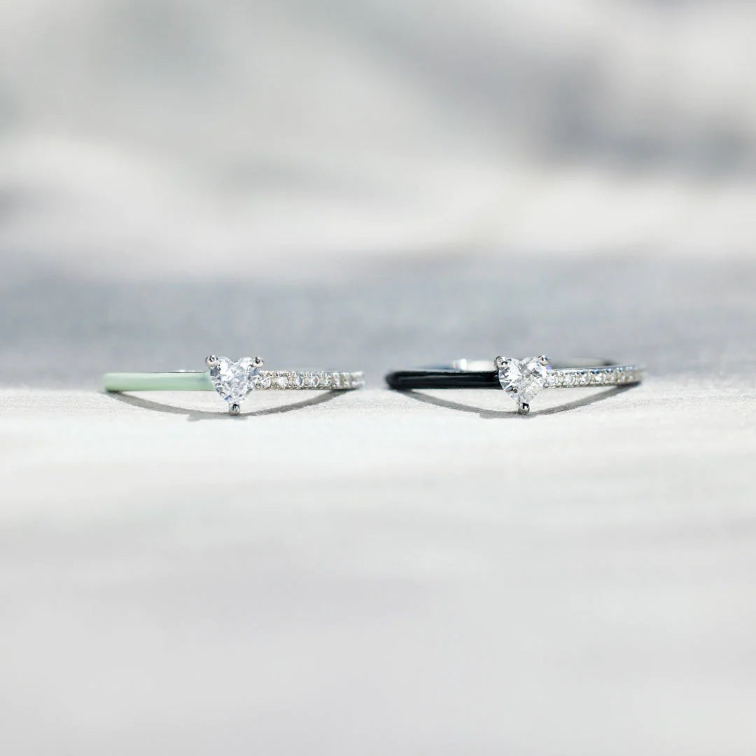 Women's Sier Heart-shaped Rectangular Zircon Cut Half Enamel Rings