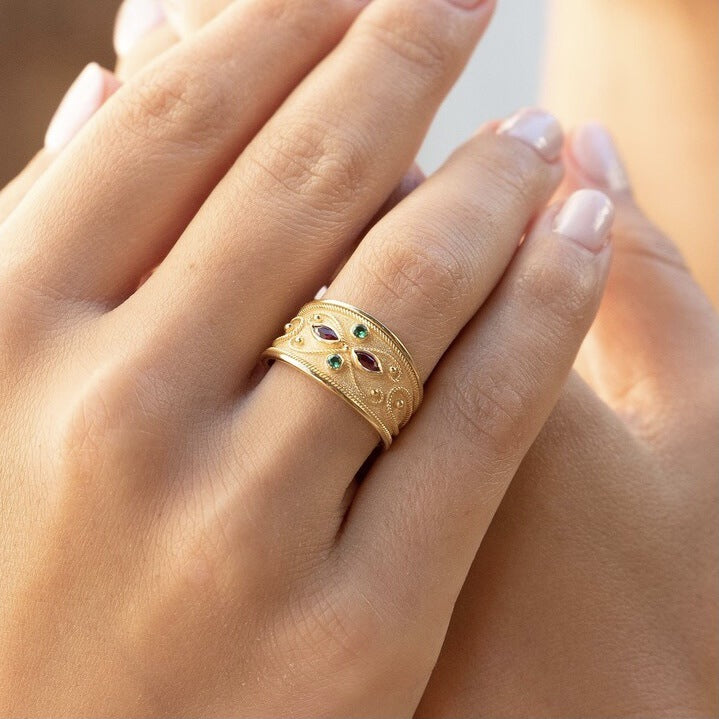 Women's & Men's Duplex Court Alluvial Gold Plated Inlaid Rings