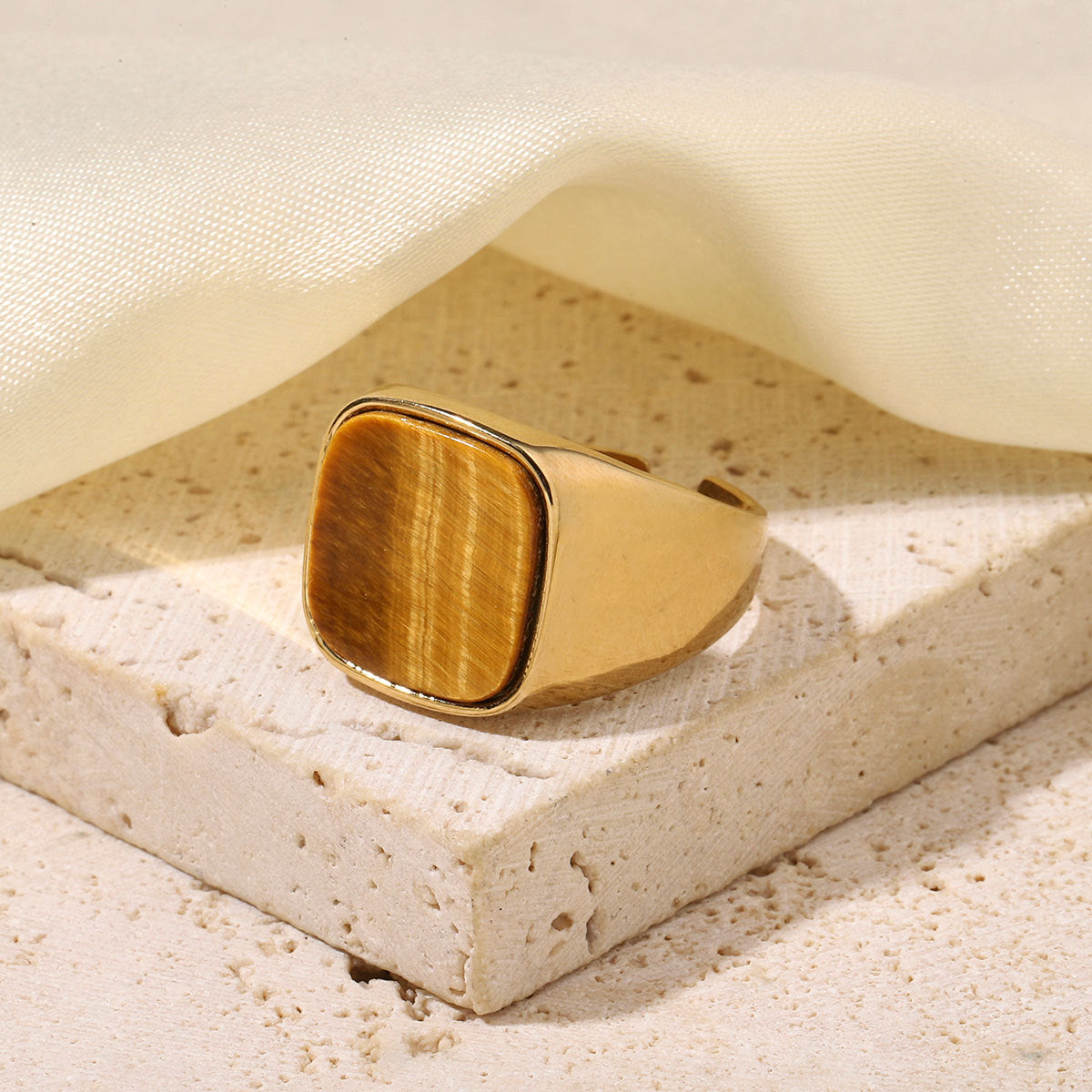 Steel Yellow Tiger Natural Stone Female Green Gold Jewelry Rings