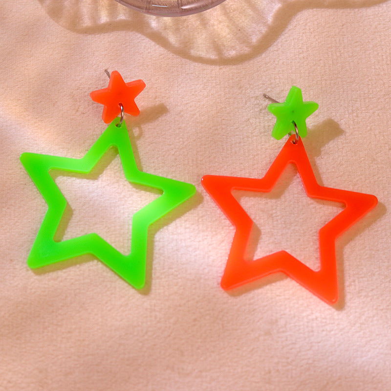 Exaggerated Trendy Fluorescent Color Hollow Pentagram Earrings