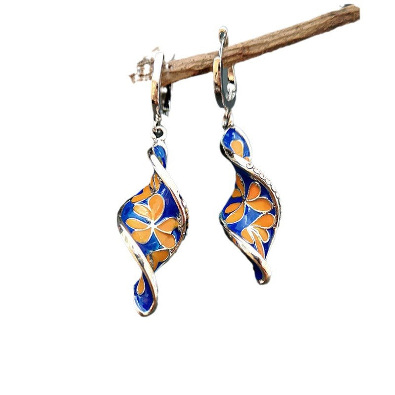 Women's Vintage Spiral Leaf Imitation Enamel Craft Cloisonne Small Flower Earrings