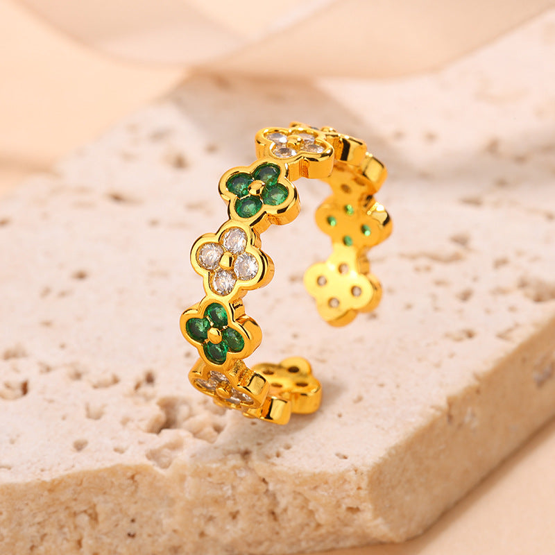 Luxury Copper Inlaid Color Diamond Clover Open Adjustable Elegant Ring