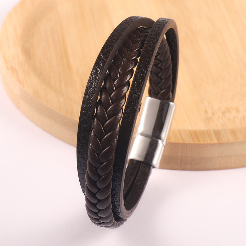 Men's Vintage Cattle Leather Alloy Woven Brace Bracelet
