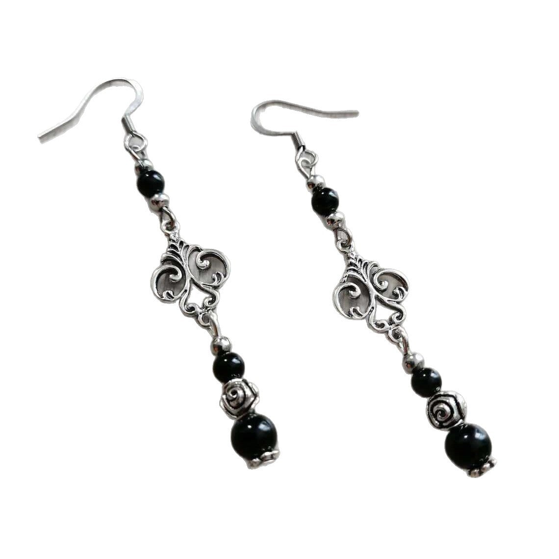 Onyx Agate Black Natural Stone Gothic Style Victorian Earrings