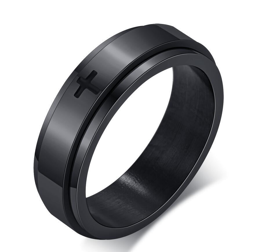 Stainless Steel Laser Corrosion Cross Rotatable Spinning Black Man Rings