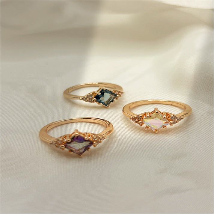Women's Copper Inlaid Colorful Zircon Square Diamond-shaped Personalized Rings