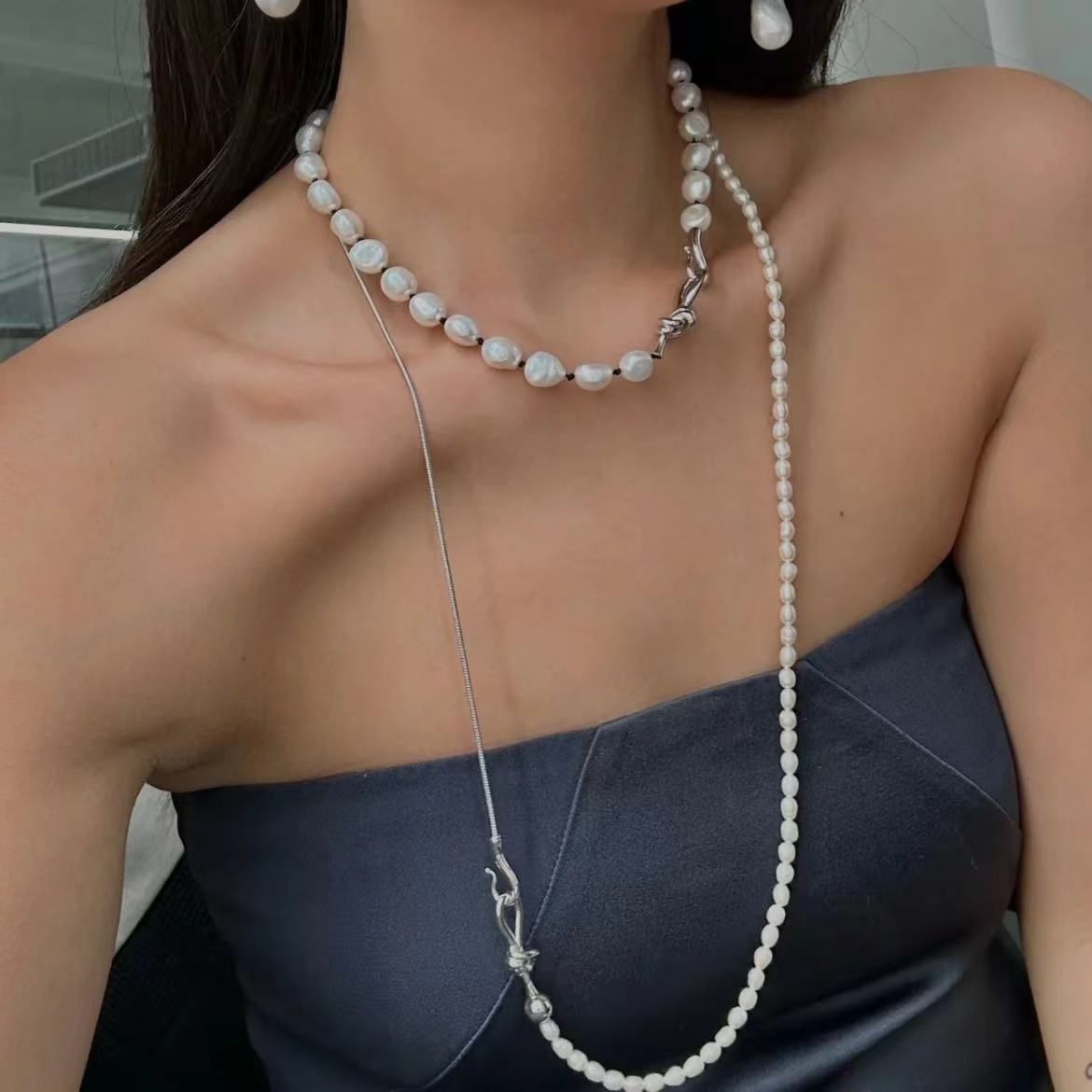 Women's Natural Pearl String Button Niche Design Retro Sier High-grade Necklaces