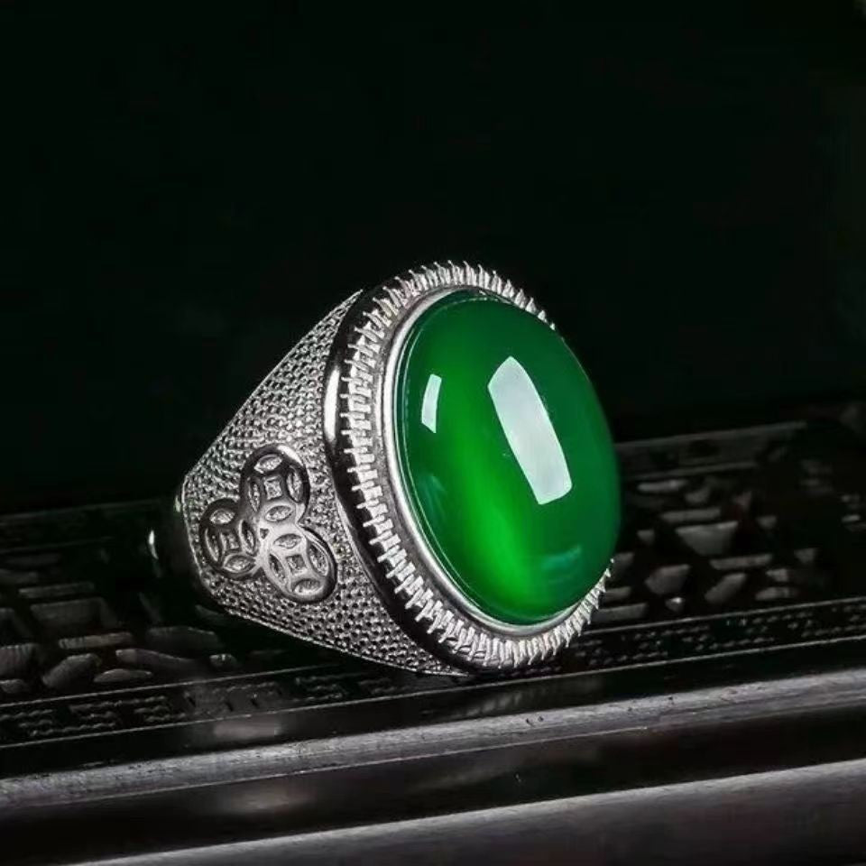 Chalcedony Domineering Argent Pur Man's Opening Thumb Gift Emerald Color Ring