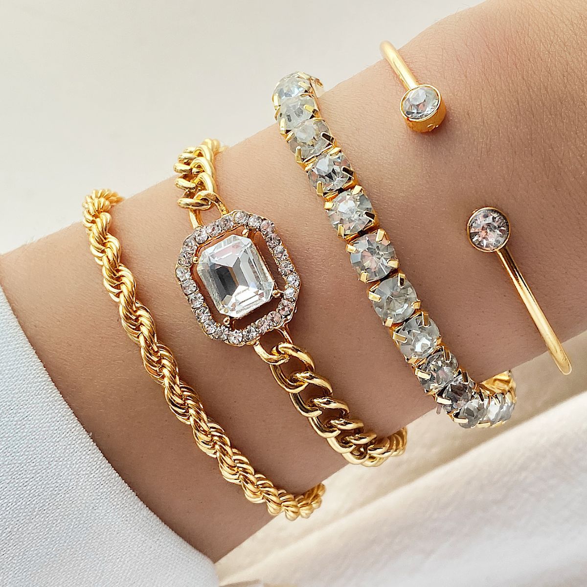 Punk Metal Chain Square Diamond Bangle Bracelets