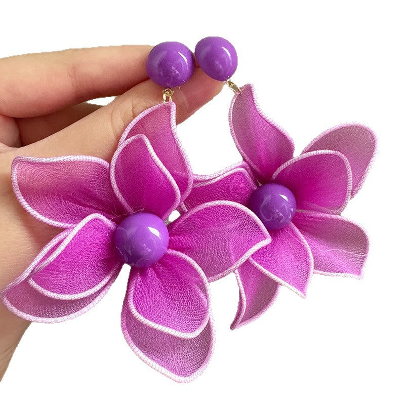 Gorgeous Temperament Exaggerated Purple Tulle Flower Western Style Earrings