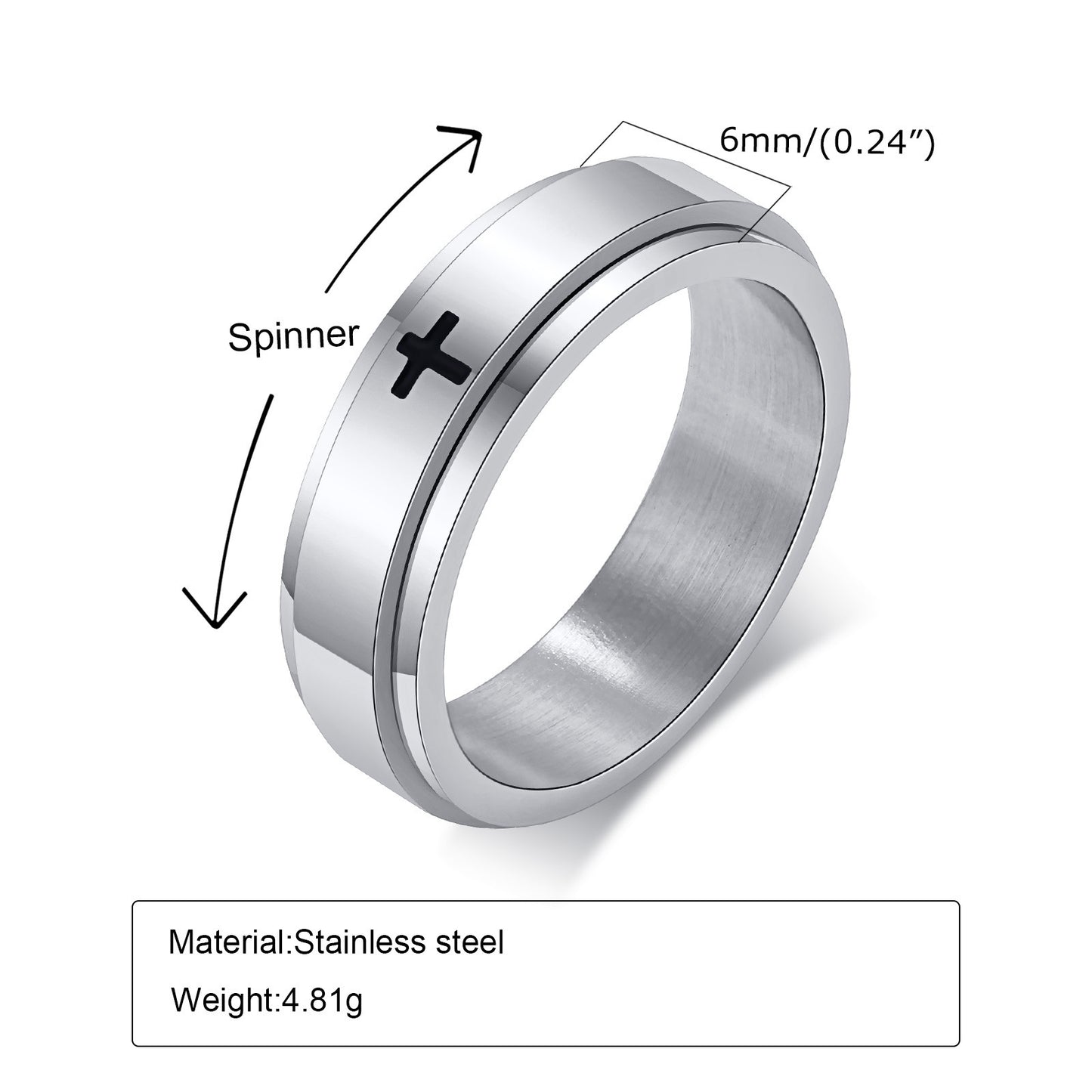 Stainless Steel Laser Corrosion Cross Rotatable Spinning Black Man Rings