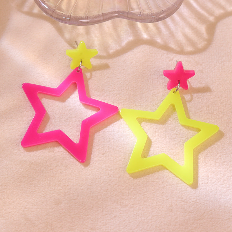 Exaggerated Trendy Fluorescent Color Hollow Pentagram Earrings