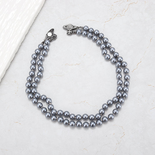 Women's Queen Mother Gray Pearl Saturn Full Diamond Necklaces