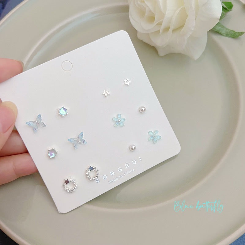 Blue Butterfly Flower Earings Combination Super Fairy Simple Compact Stud Earrings