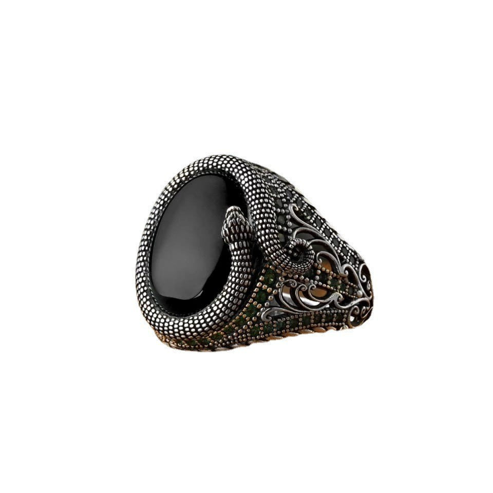 Men's Ornament Snakelike Winding Black Flat Gemstone Vintage Rings