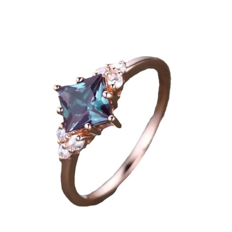 Women's Copper Inlaid Colorful Zircon Square Diamond-shaped Personalized Rings