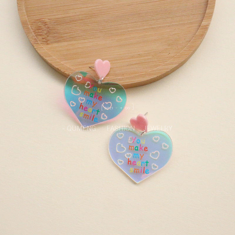 Women's Acrylic Laser Colorful Lovely Heart-shaped Printing Curse Earrings