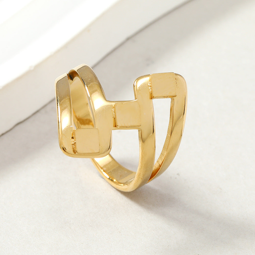 Style Titanium Steel Fashion Cutting Hollow Geometry Welding Square Rings