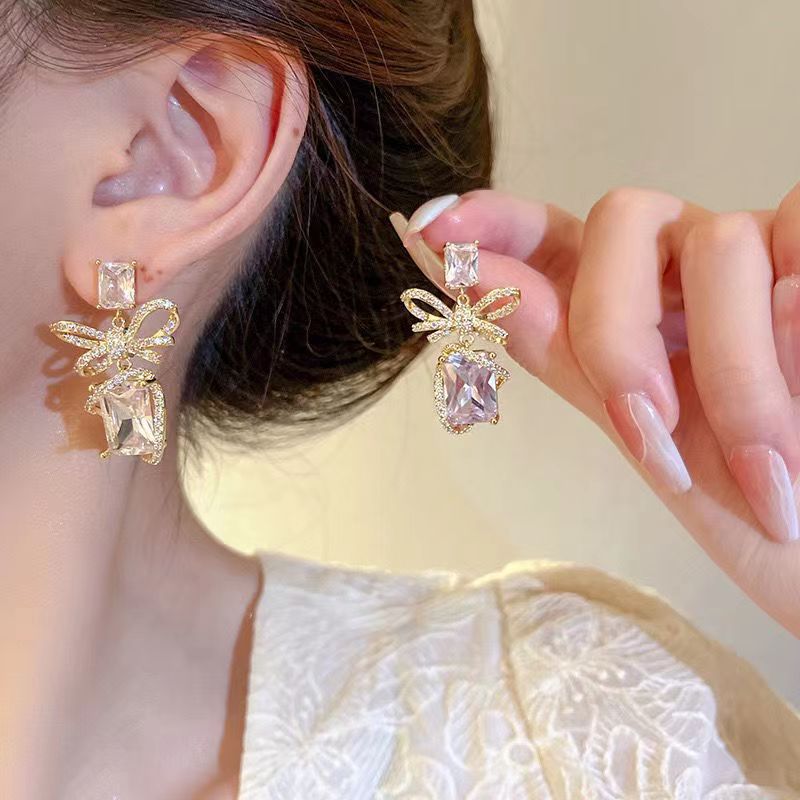 Women's Zircon Bowknot Square Niche Design Temperament Personalized Earrings