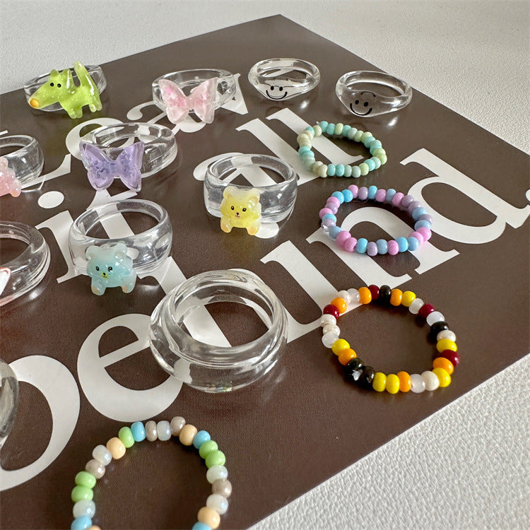 Cartoon Puppy Smiley Face Resin Color Transparent Rings