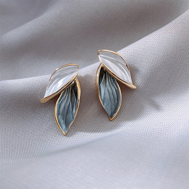 Sier-plated Blue White Leaves Simple Fresh Versatile Elegant Stud Earrings