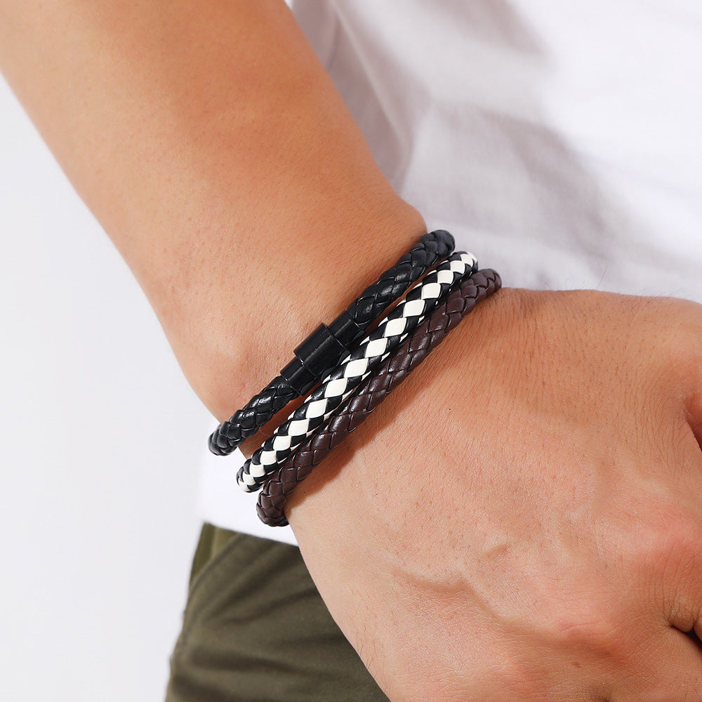 Men's Pattern Woven Leather Magnetic Buckle Simple Bracelets