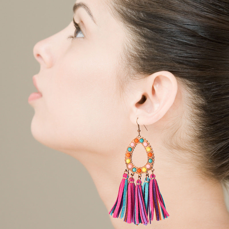Alloy Inlaid Turquoise Exaggerated Leather Tassel Earrings