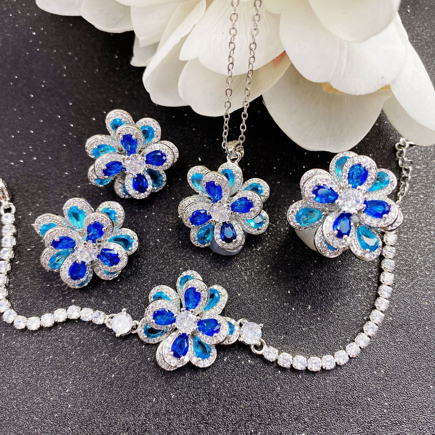 Live Broadcast Elegant Color Zircon Flower Simple Three-dimensional Camellia Jewelry Set