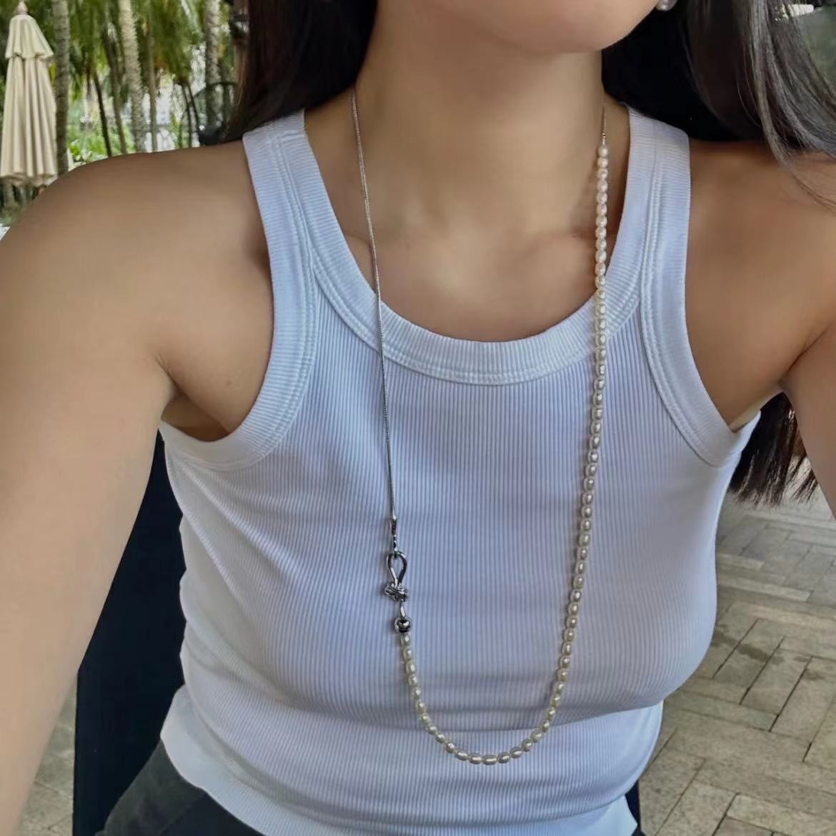 Women's Natural Pearl String Button Niche Design Retro Sier High-grade Necklaces