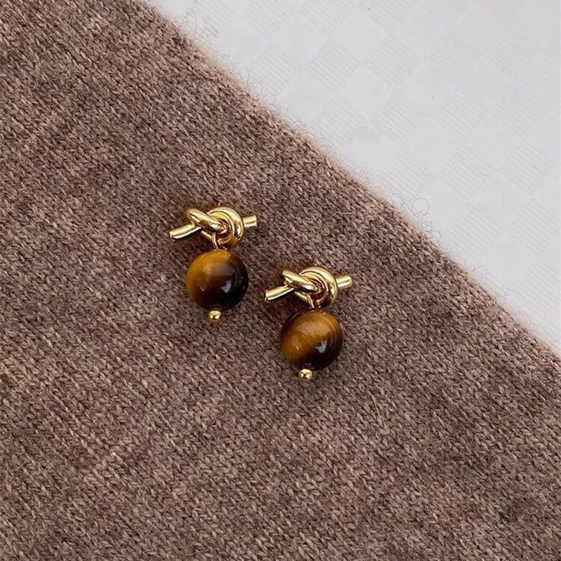 Tigereye Sier Needle Double Ball Texture Earrings