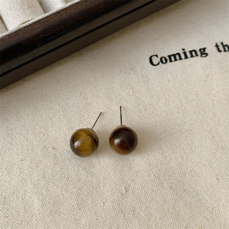 Tigereye Sier Needle Double Ball Texture Earrings
